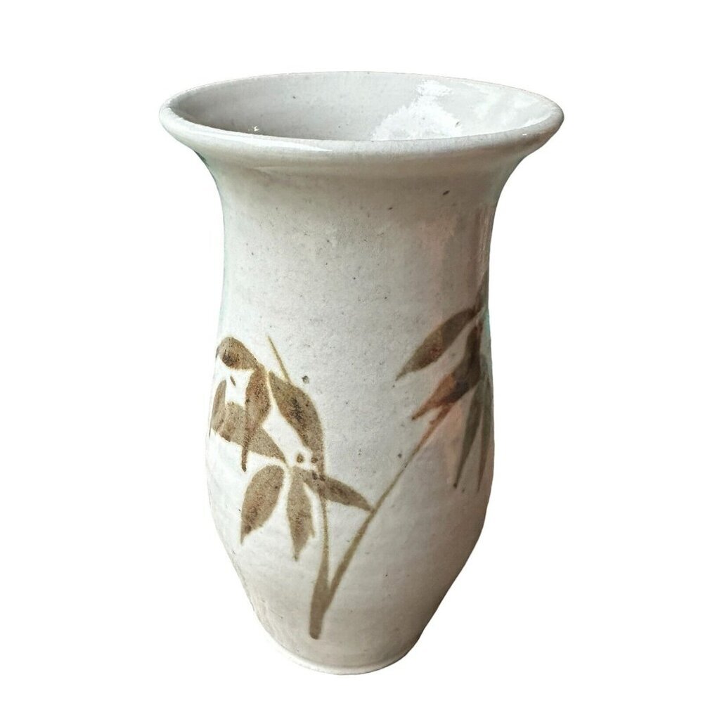 VTG Studio Art Pottery Stoneware‎ Vase 7.25 Inch Bamboo Leaf Motif Handmade Sign